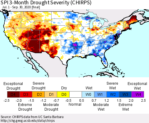 United States SPI 3-Month Drought Severity (CHIRPS) Thematic Map For 7/1/2020 - 9/30/2020