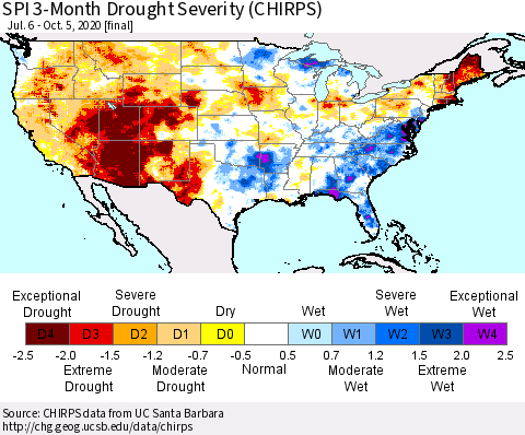 United States SPI 3-Month Drought Severity (CHIRPS) Thematic Map For 7/6/2020 - 10/5/2020