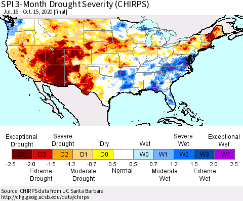 United States SPI 3-Month Drought Severity (CHIRPS) Thematic Map For 7/16/2020 - 10/15/2020