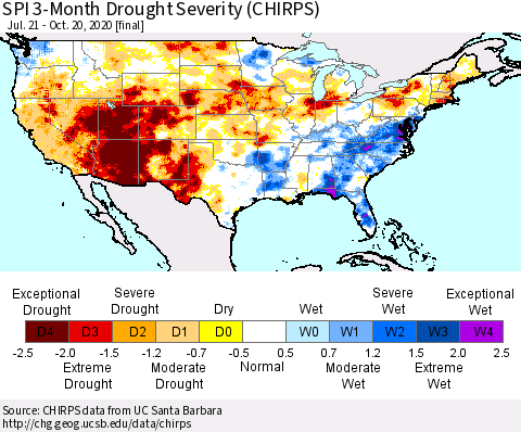 United States SPI 3-Month Drought Severity (CHIRPS) Thematic Map For 7/21/2020 - 10/20/2020