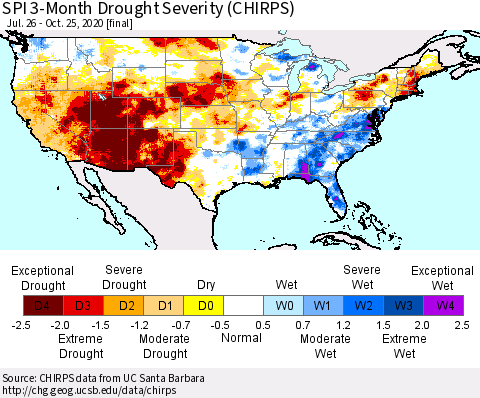 United States SPI 3-Month Drought Severity (CHIRPS) Thematic Map For 7/26/2020 - 10/25/2020