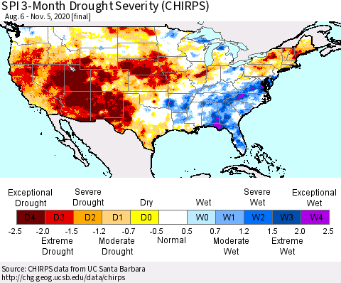 United States SPI 3-Month Drought Severity (CHIRPS) Thematic Map For 8/6/2020 - 11/5/2020