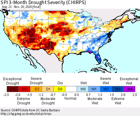 United States SPI 3-Month Drought Severity (CHIRPS) Thematic Map For 8/21/2020 - 11/20/2020