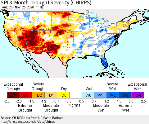 United States SPI 3-Month Drought Severity (CHIRPS) Thematic Map For 8/26/2020 - 11/25/2020