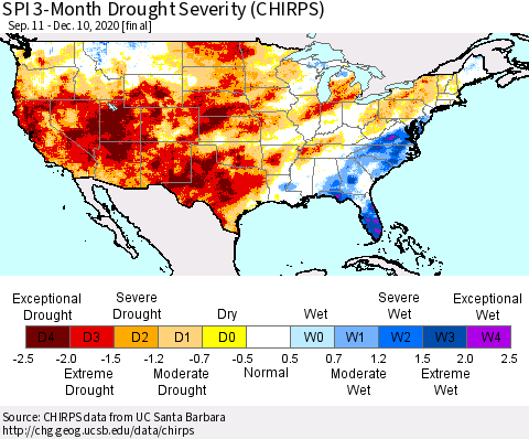 United States SPI 3-Month Drought Severity (CHIRPS) Thematic Map For 9/11/2020 - 12/10/2020