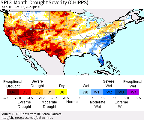 United States SPI 3-Month Drought Severity (CHIRPS) Thematic Map For 9/16/2020 - 12/15/2020