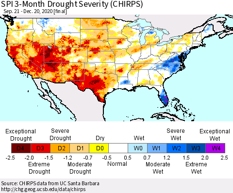 United States SPI 3-Month Drought Severity (CHIRPS) Thematic Map For 9/21/2020 - 12/20/2020