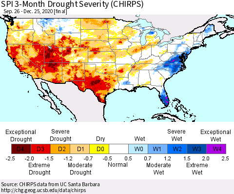 United States SPI 3-Month Drought Severity (CHIRPS) Thematic Map For 9/26/2020 - 12/25/2020