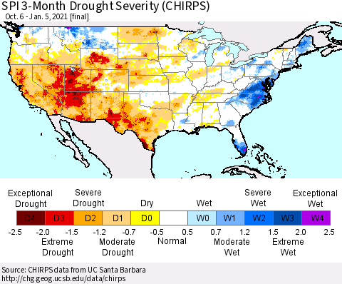 United States SPI 3-Month Drought Severity (CHIRPS) Thematic Map For 10/6/2020 - 1/5/2021