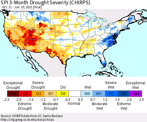 United States SPI 3-Month Drought Severity (CHIRPS) Thematic Map For 10/11/2020 - 1/10/2021