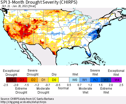 United States SPI 3-Month Drought Severity (CHIRPS) Thematic Map For 10/21/2020 - 1/20/2021