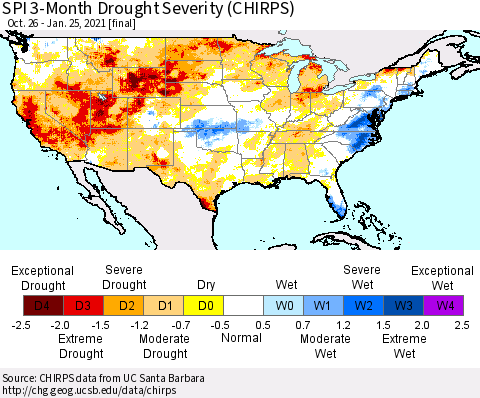 United States SPI 3-Month Drought Severity (CHIRPS) Thematic Map For 10/26/2020 - 1/25/2021