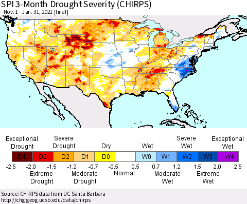 United States SPI 3-Month Drought Severity (CHIRPS) Thematic Map For 11/1/2020 - 1/31/2021