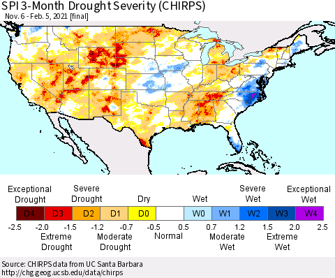 United States SPI 3-Month Drought Severity (CHIRPS) Thematic Map For 11/6/2020 - 2/5/2021