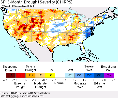 United States SPI 3-Month Drought Severity (CHIRPS) Thematic Map For 11/11/2020 - 2/10/2021