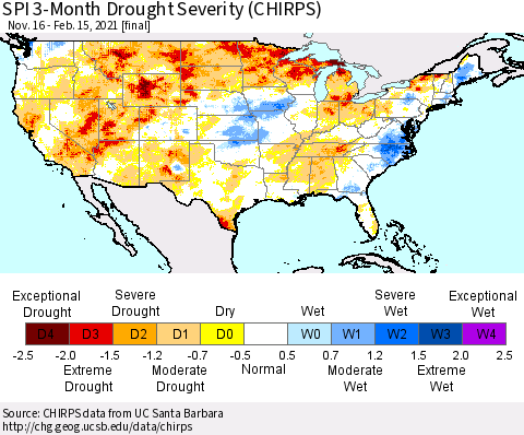 United States SPI 3-Month Drought Severity (CHIRPS) Thematic Map For 11/16/2020 - 2/15/2021