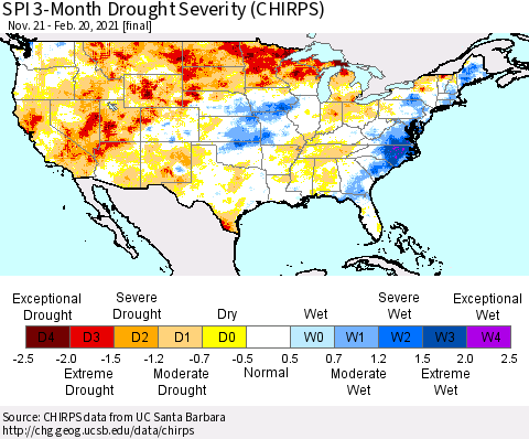 United States SPI 3-Month Drought Severity (CHIRPS) Thematic Map For 11/21/2020 - 2/20/2021