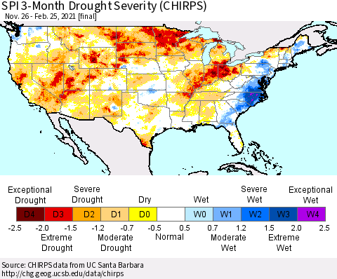 United States SPI 3-Month Drought Severity (CHIRPS) Thematic Map For 11/26/2020 - 2/25/2021