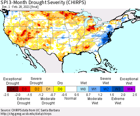 United States SPI 3-Month Drought Severity (CHIRPS) Thematic Map For 12/1/2020 - 2/28/2021