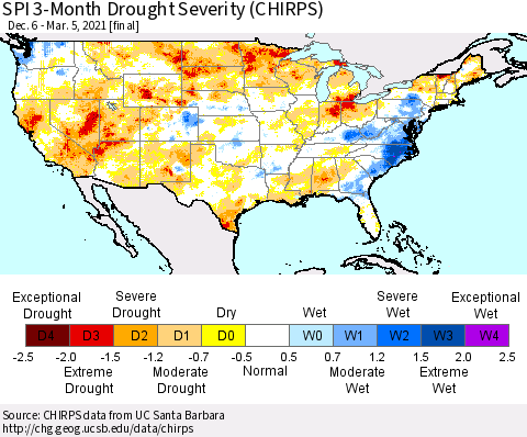 United States SPI 3-Month Drought Severity (CHIRPS) Thematic Map For 12/6/2020 - 3/5/2021