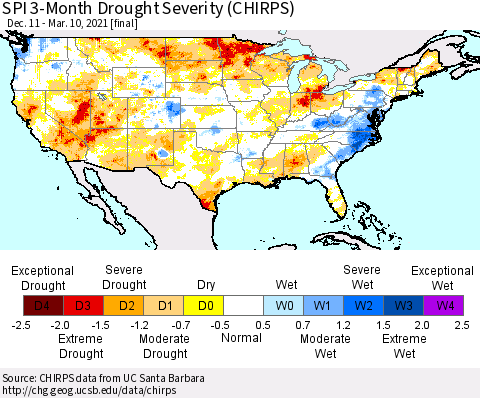 United States SPI 3-Month Drought Severity (CHIRPS) Thematic Map For 12/11/2020 - 3/10/2021