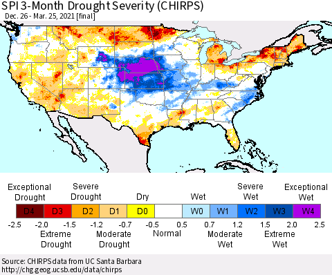 United States SPI 3-Month Drought Severity (CHIRPS) Thematic Map For 12/26/2020 - 3/25/2021