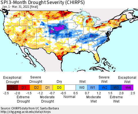 United States SPI 3-Month Drought Severity (CHIRPS) Thematic Map For 1/1/2021 - 3/31/2021