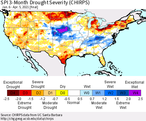 United States SPI 3-Month Drought Severity (CHIRPS) Thematic Map For 1/6/2021 - 4/5/2021