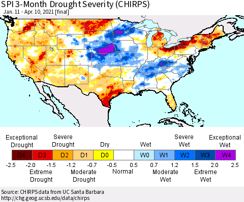 United States SPI 3-Month Drought Severity (CHIRPS) Thematic Map For 1/11/2021 - 4/10/2021