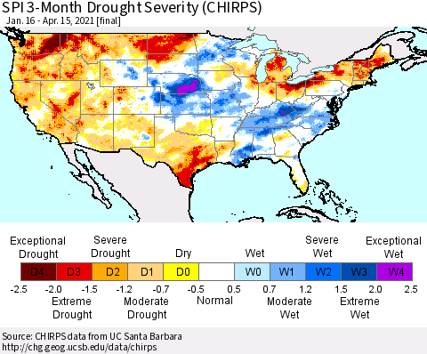 United States SPI 3-Month Drought Severity (CHIRPS) Thematic Map For 1/16/2021 - 4/15/2021