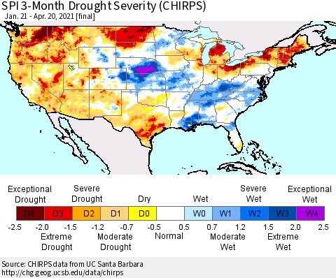 United States SPI 3-Month Drought Severity (CHIRPS) Thematic Map For 1/21/2021 - 4/20/2021