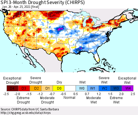 United States SPI 3-Month Drought Severity (CHIRPS) Thematic Map For 1/26/2021 - 4/25/2021