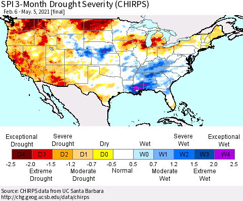 United States SPI 3-Month Drought Severity (CHIRPS) Thematic Map For 2/6/2021 - 5/5/2021