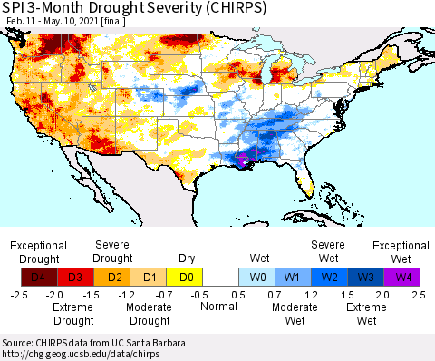 United States SPI 3-Month Drought Severity (CHIRPS) Thematic Map For 2/11/2021 - 5/10/2021