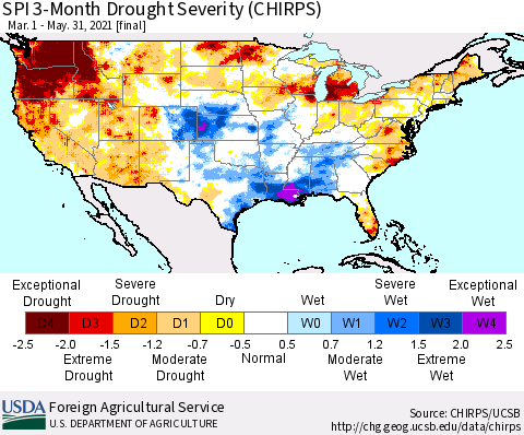 United States SPI 3-Month Drought Severity (CHIRPS) Thematic Map For 3/1/2021 - 5/31/2021