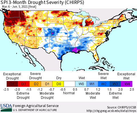 United States SPI 3-Month Drought Severity (CHIRPS) Thematic Map For 3/6/2021 - 6/5/2021