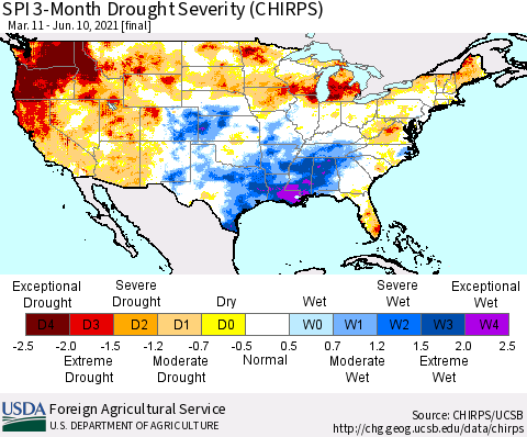 United States SPI 3-Month Drought Severity (CHIRPS) Thematic Map For 3/11/2021 - 6/10/2021