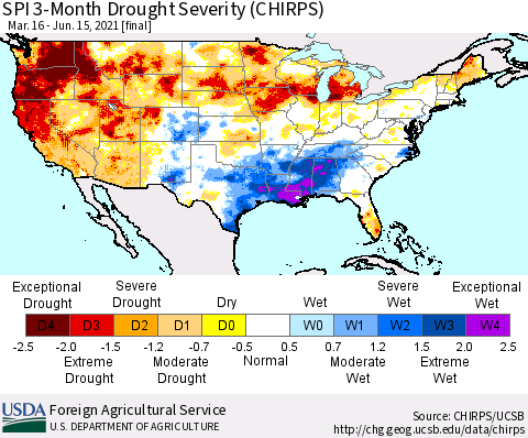United States SPI 3-Month Drought Severity (CHIRPS) Thematic Map For 3/16/2021 - 6/15/2021