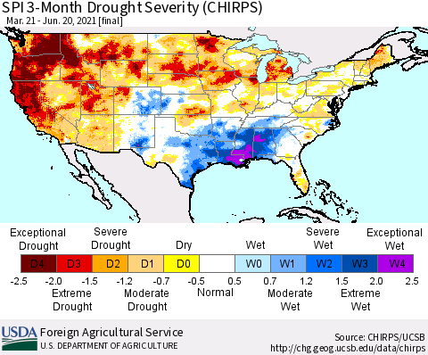 United States SPI 3-Month Drought Severity (CHIRPS) Thematic Map For 3/21/2021 - 6/20/2021