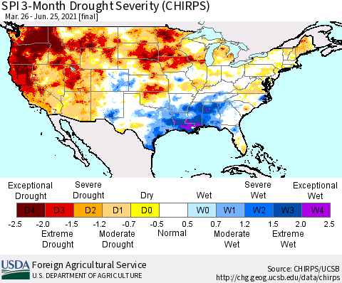 United States SPI 3-Month Drought Severity (CHIRPS) Thematic Map For 3/26/2021 - 6/25/2021