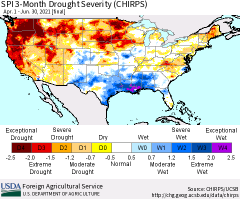 United States SPI 3-Month Drought Severity (CHIRPS) Thematic Map For 4/1/2021 - 6/30/2021