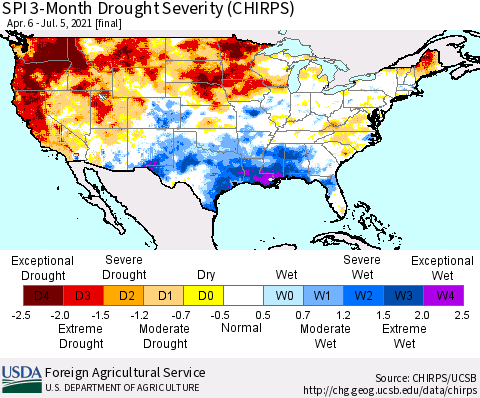 United States SPI 3-Month Drought Severity (CHIRPS) Thematic Map For 4/6/2021 - 7/5/2021