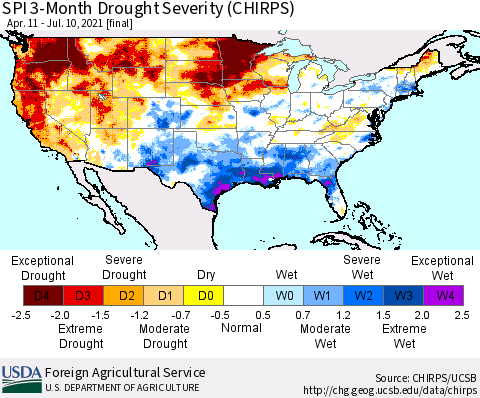 United States SPI 3-Month Drought Severity (CHIRPS) Thematic Map For 4/11/2021 - 7/10/2021