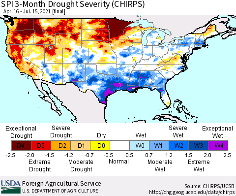 United States SPI 3-Month Drought Severity (CHIRPS) Thematic Map For 4/16/2021 - 7/15/2021