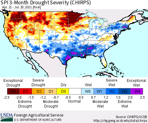 United States SPI 3-Month Drought Severity (CHIRPS) Thematic Map For 4/21/2021 - 7/20/2021