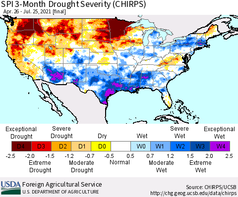 United States SPI 3-Month Drought Severity (CHIRPS) Thematic Map For 4/26/2021 - 7/25/2021