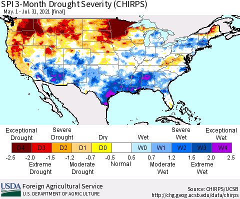 United States SPI 3-Month Drought Severity (CHIRPS) Thematic Map For 5/1/2021 - 7/31/2021