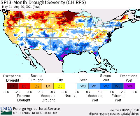 United States SPI 3-Month Drought Severity (CHIRPS) Thematic Map For 5/11/2021 - 8/10/2021