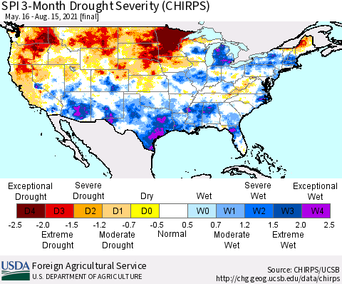 United States SPI 3-Month Drought Severity (CHIRPS) Thematic Map For 5/16/2021 - 8/15/2021