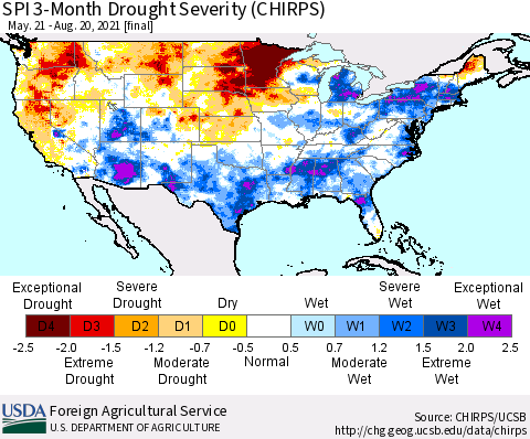 United States SPI 3-Month Drought Severity (CHIRPS) Thematic Map For 5/21/2021 - 8/20/2021